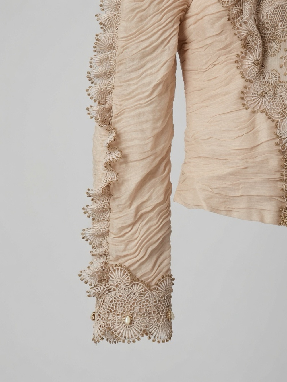 Zimmermann cream crochet lace blouse with gold bead trim